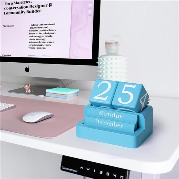 Blue Wooden Desk Calendar, Modern Aesthetic Accessories for Home Office Decor, - Picture 7 of 7